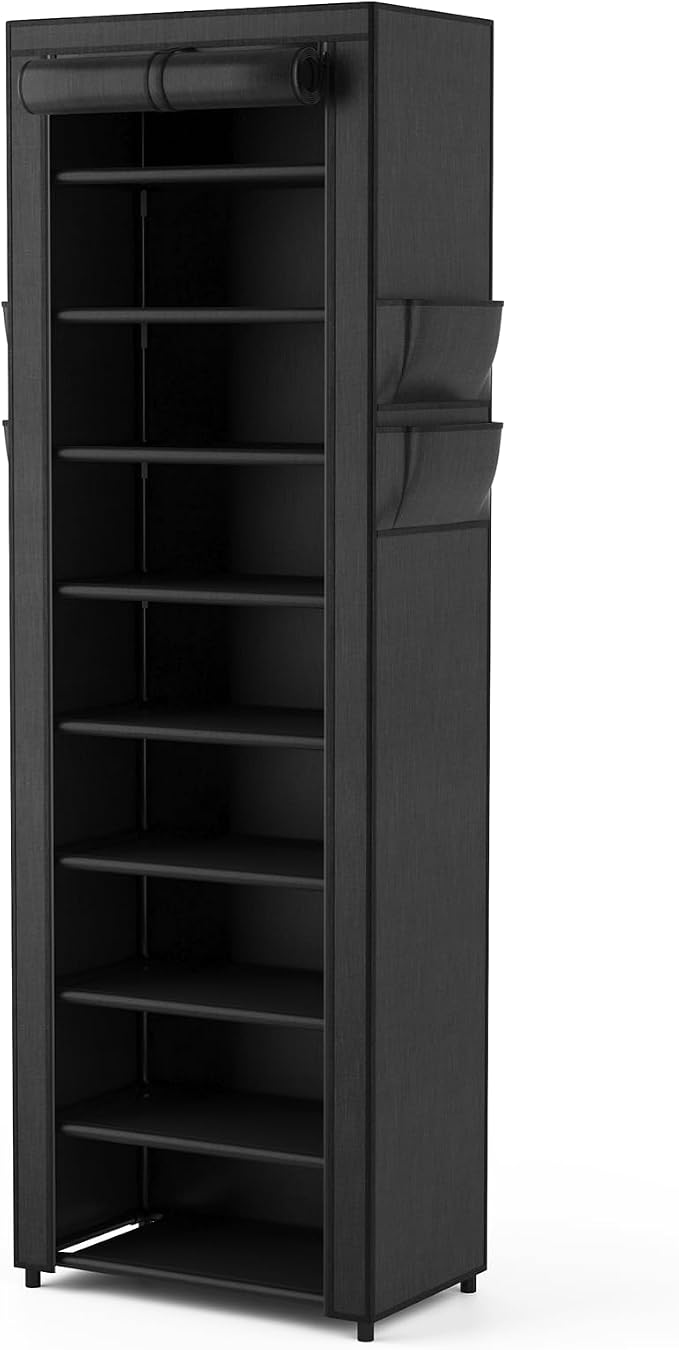 VILICK Shoe Rack with Cover Narrow Shoe Organizer with 4 Side Pockets 10 Tier Tall Shoe Storage Holds 18-22 Pairs Shoes and Boots Shoe Rack for Closet Entryway Garage - Image 8