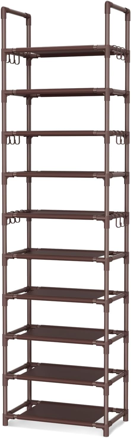 VTRIN 10 Tiers Tall Shoe Rack Holds 20-25 Pairs of Shoes Sturdy Vertical Shoe Organizer with 18pcs Hooks Stackable Narrow Shoe Rack for Closet, Entryway Brown - Image 8