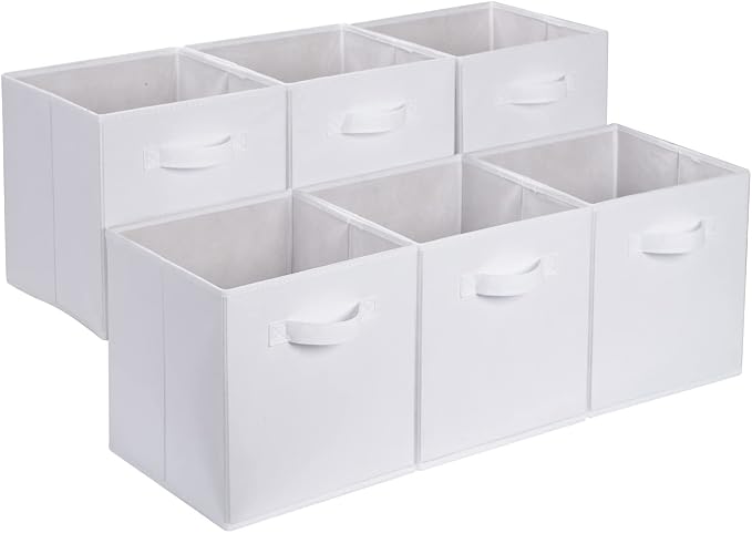 Amazon Basics Collapsible Fabric Storage Bins with Handles, Cube Organizer, 13"x13"x13", White, 6-Pack by AmazonBasics