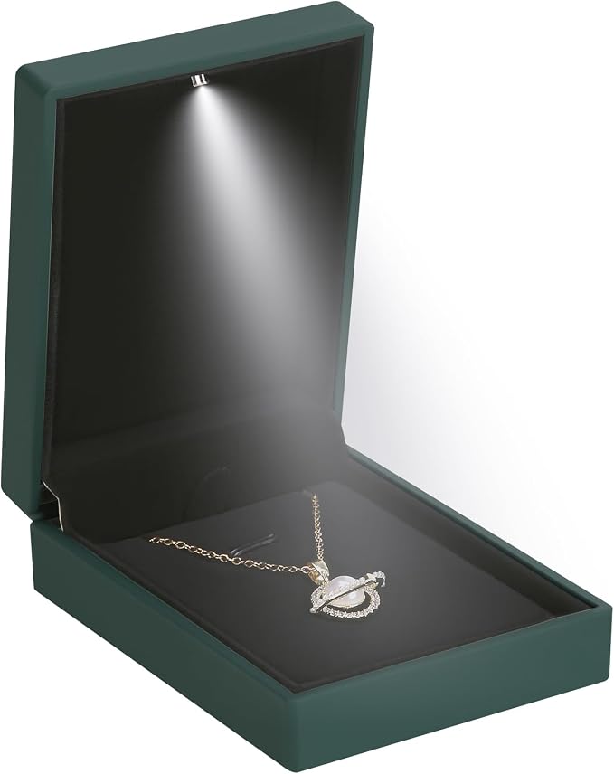 LED Light Pendant Necklace Gift Box, Velvet Jewelry Storage Display Case for Proposal Engagement Wedding Anniversary Birthday Valentine's Day (Green) by LETURE