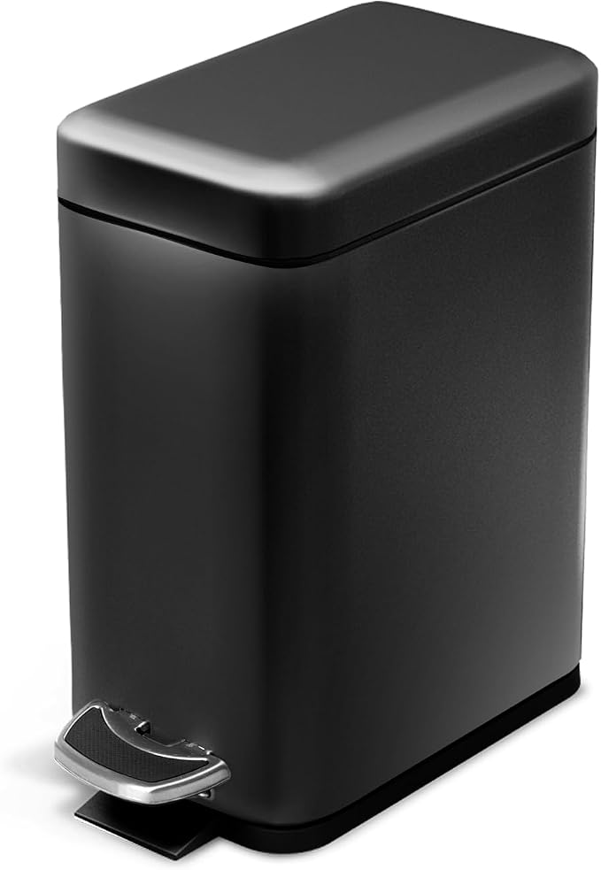 Home Zone Living 1.3 Gallon Small Bathroom Trash Can with Lid and Step Pedal, Stainless Steel Wastebasket with Slim Design for Home and Office, Matte Black, 5 Liters by HomeZoneLiving