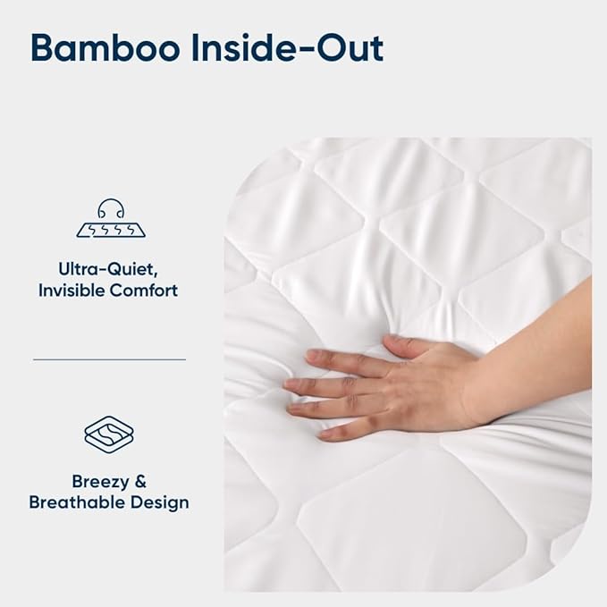 Vesta Bamboo Cooling Mattress Pad, Added Cushioning, Washable Fitted Mattress Protector, Enhanced Breathability, Noiseless Design (Bamboo Mattress Cover, King/Cali King)