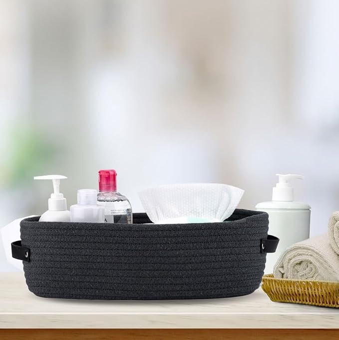 Cotton Rope Toilet Paper Holder Basket with Handle, Home Decor Organizing Small Baskets, Nursery Basket 13"x5.9"x4" Dark Gray - Image 5