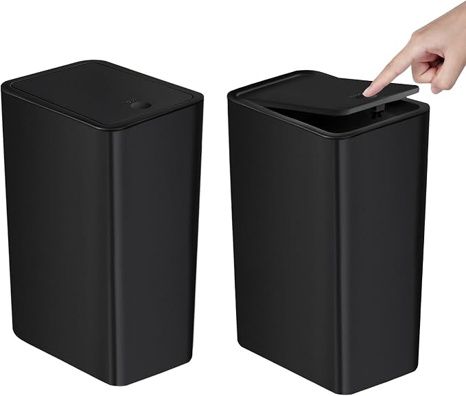 TIPGO Bathroom Trash Can with Lid, 10 Liter/ 2.6 Gallon Slim Garbage Can, Small Trash Bin Waste Basket with Pop-Up Lid for Kitchen, Bedroom, Living Room, Office (2 Pack, Black) by TIPGO