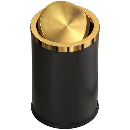 9L/2.4GAL Black and Gold Bathroom Trash Can, Small Trash Can with FILP Lid for Bathroom,Hotel,Office,Lundry,Powder Room (ＢＬＡＣＫ) by LEASYLIFE