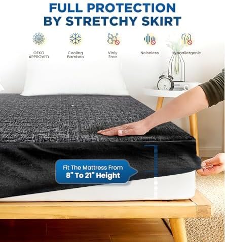 Premium 100% Waterproof Twin Mattress Protector, Breathable Cooling 3D Air Fabric Mattress Cover, Soft Hypoallergenic Noiseless Bed Cover Machine Washable Vinyl Free, 8-21'' Deep Pocket (Black)
