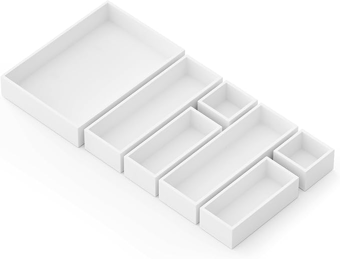 SpaceAid 7-Piece Bamboo Drawer Organizer Storage Boxes Set, Wood Tray Junk Drawer Organizers Multi-Use Divider Bins for Kitchen, Bathroom, Office Desk and Makeup Organization (7 Pack, White) by SpaceAid