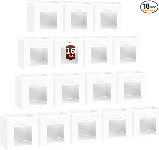 Homsorout Storage Cube 11 Inch - Cube Storage Bins with Window, Closet Storage Baskets with Handle, Fabric Bins for Closet, Shelves, Toys, Clothes, Set of 16, White by Homsorout