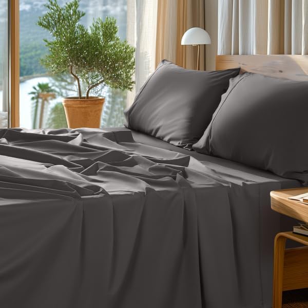 SONORO KATE 100% Egyptian Cotton Sheets Set - 1000 High Thread Count, Luxury 5-Star Hotel Sateen Bed Sheets, Soft, Breathable Long Staple Sheets, Fit up to 16" - 4 PC (Dark Grey,Full)