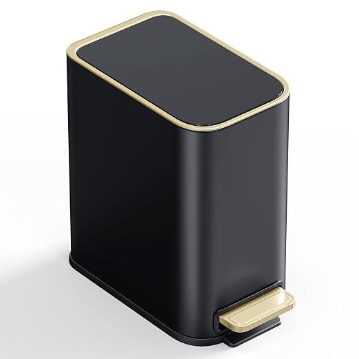 Small Bathroom Trash Can with Lid Soft Close, 5L / 1.3 Gallon Slim Garbage Can with Removable Inner Bucket, Step Stainless Steel Trash Bin for Office, Bathrooms, Bedroom, Living Room (Black) by GibHerz