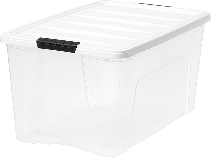 IRIS USA 72 Qt Stackable Plastic Storage Bins with Lids, 8 Pack - BPA-Free, Made in USA - See-Through Organizing Solution, Latches, Durable Nestable Containers, Secure Pull Handle - Clear/White - Image 5
