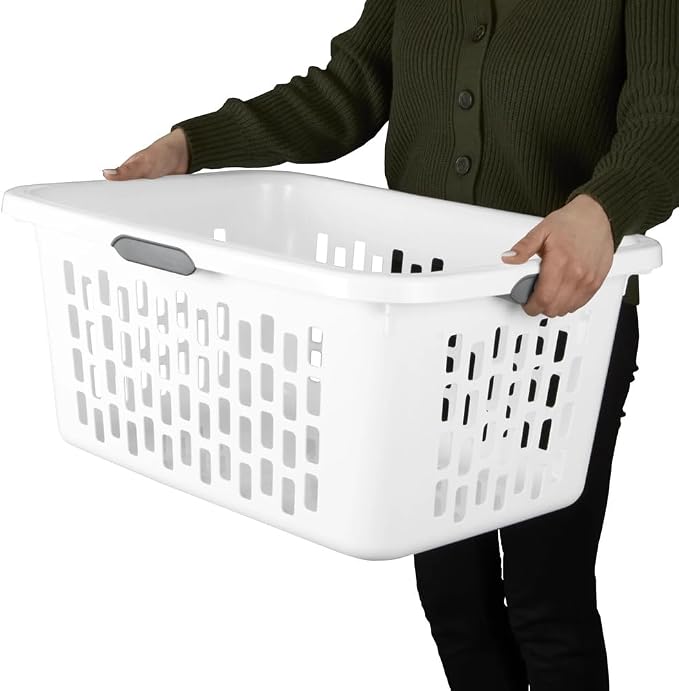 Large Plastic Laundry Basket, Clothes Hamper, Rectangle Bin with Grip Handles, for Home, Dorm, and Apartments, White, 2 Bushel Capacity - Image 2