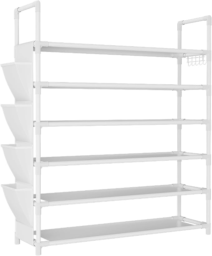 LANTEFUL 6 Tier Shoe Rack Storage for 24-30 Pairs Shoe and Boot, Shoe Organizer with Hook and Side Pocket Free Standing Long Shoe Shelf Tall Shoe Rack Organizer for Closet, Entryway, Dorm, White - Image 8