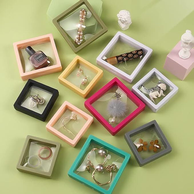 12PCS 3D Floating Frame Display Stand, Jewelry Box, Gift Box, Ornament Organizer, Small Travel Jewelry Box, PE Film Anti-Oxidation, Suspended Display Box Stackable (2.75*2.75，Type 5) - Image 4