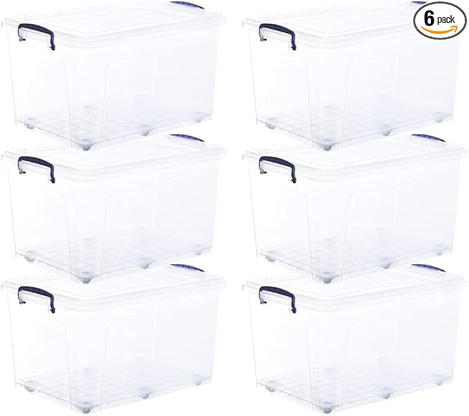 Superio Storage Bins with Lids- Clear Boxes for Organizing, Stackable Plastic Containers- BPA Free, Non-Toxic, Odor Free, Organizer for Home, Office, Dorm (6 Pack, 44 Qt (Wheeled))