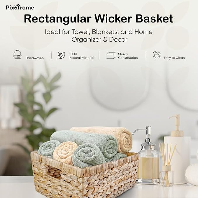 Large Rectangular Handwoven Wicker Basket - Natural Water Hyacinth Storage Baskets with 2 Built-in Handles - Ideal for Towel, Blankets, and Home Organizer & Decor - 15"x 11"x6.75" - Brown - Image 2