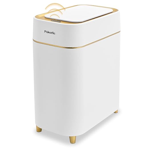 Pukomc Automatic Small Sensor Trash Can with Touchless Lid, 2.3 Gallon / 9L Smart Garbage Can, Quiet Close White Gold Waste Bin - Perfect for Kitchen, Living Room & Small Spaces by Pukomc