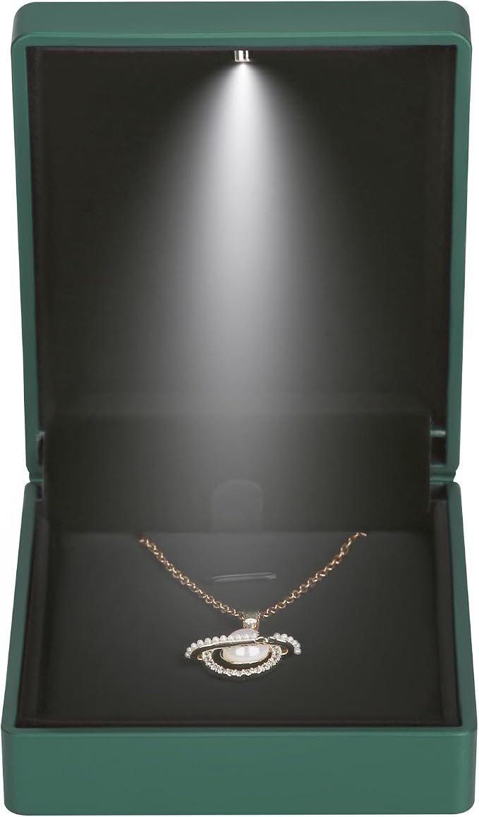 LED Light Pendant Necklace Gift Box, Velvet Jewelry Storage Display Case for Proposal Engagement Wedding Anniversary Birthday Valentine's Day (Green) - Image 3