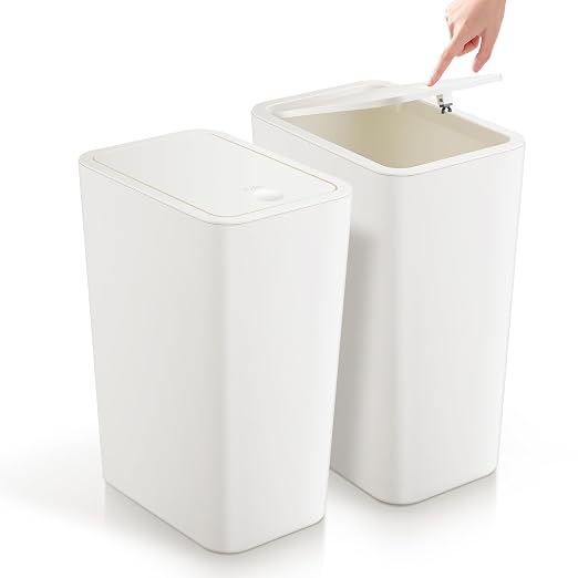 TIPGO Bathroom Trash Can with Lid, 4 Gallon / 15 Liter Small Garbage Can, Press Top Bin, Plastic Wastebasket with Pop-Up Lid for Bedroom, Living Room, Office (White, 2 Pack) by TIPGO