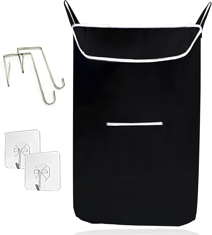 The Fine Living Co. Large Hanging Laundry Hamper with Over Door Hooks & Adhesive, Durable Space Saving Laundry Bag with Zipper and Wide Open Top, Hanging Dorm Laundry Hamper 18"x4.75"x28" (Black-L) by TheFineLivingCompany