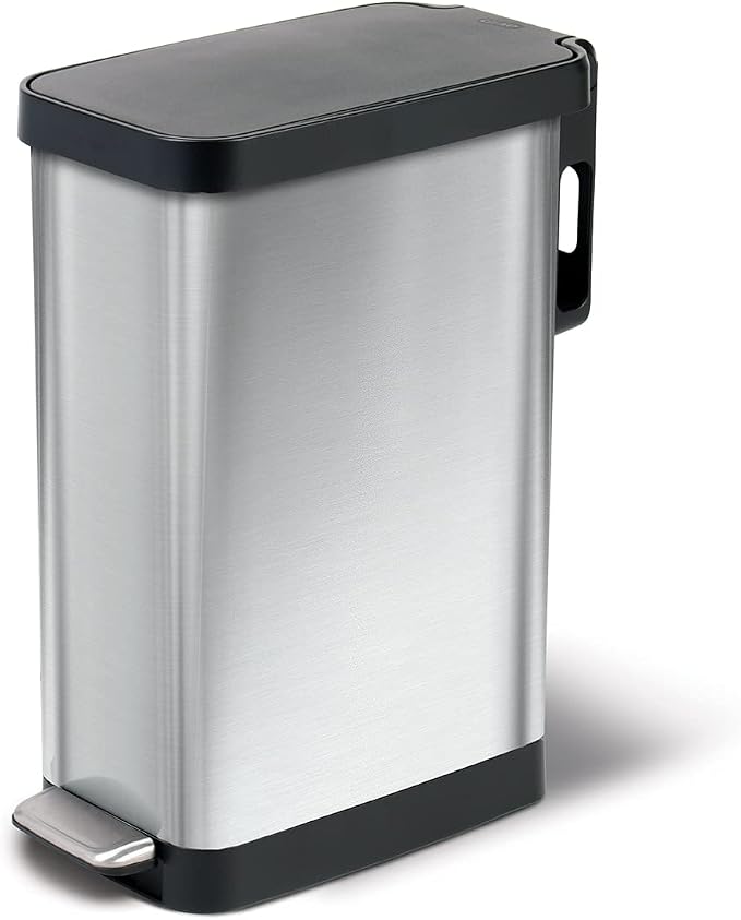 Glad Slim Trash Can with Clorox Odor Protection - Narrow Kitchen Garbage Bin with Soft Close Lid, Step On Foot Pedal and Waste Bag Roll Holder, Stainless Steel, 12 Gallon/45 Liter by GladTrashFoodStorage