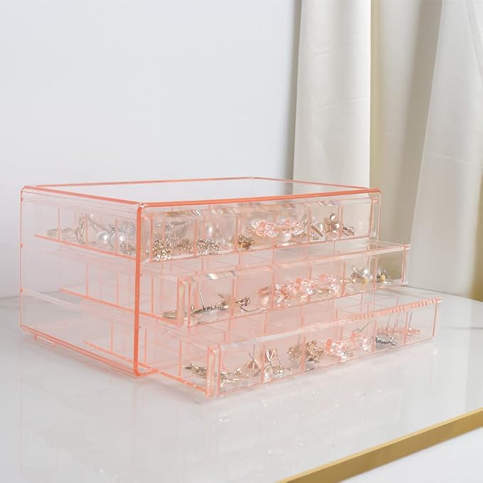 YUFONG Earring Storage Box Organizer 3 Drawers Acrylic Jewelry Storage Box Holder Transparent Jewelry Display Stand with 72 Small Compartments Gift for Women Girls (Clear Pink) - Image 3