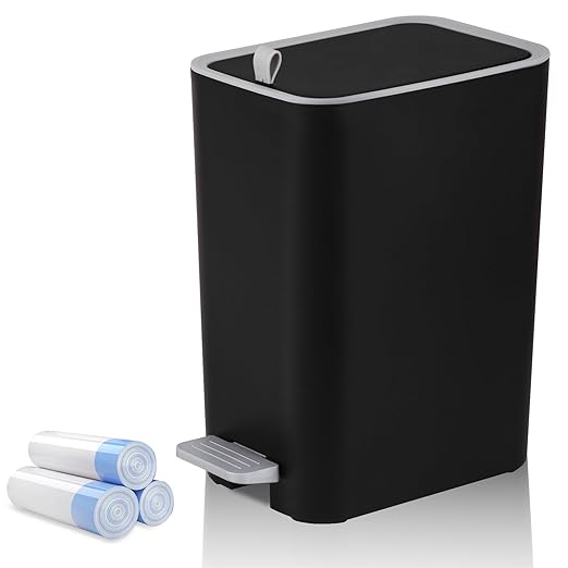rejomiik Small Bathroom Trash Can with Lid, 2.1 Gallon Step Garbage Can with Handle, Slim Mini Wastebasket Bin for Bedroom, Office, Dorm, Black by rejomiik