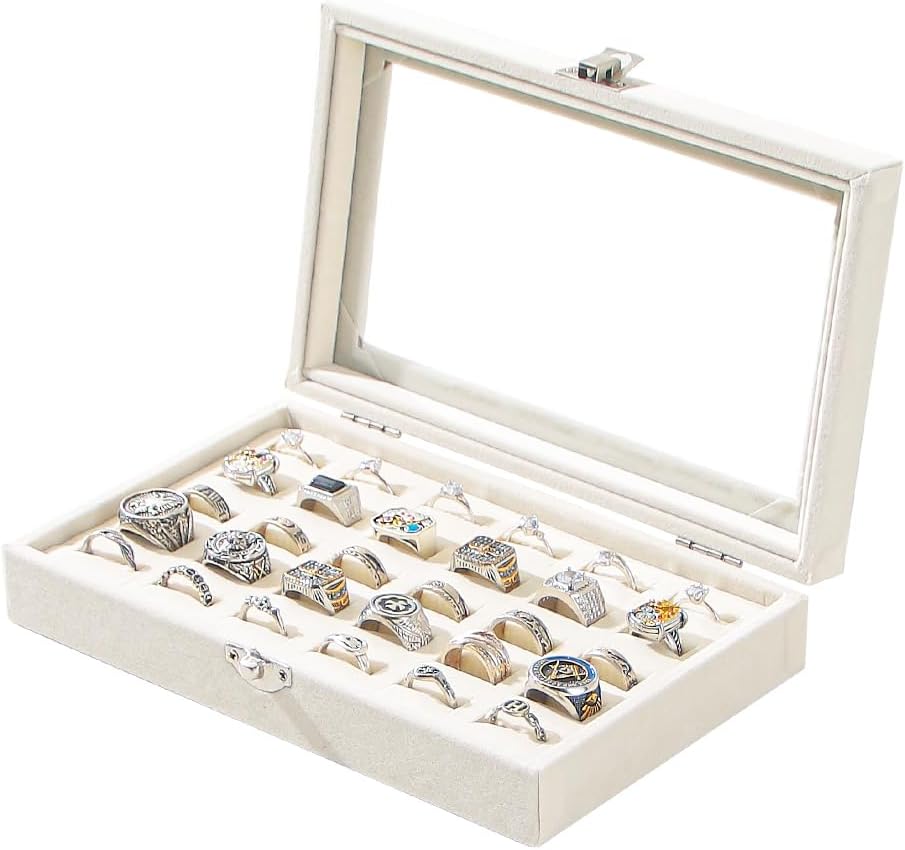 Ring Display Case,Jewelry Ring Organizer Box For Rings,Ring And Earring Holder Box For Girl,Velvet Ring Display Tray (Beige, 30 slots), QF010 by Unknown