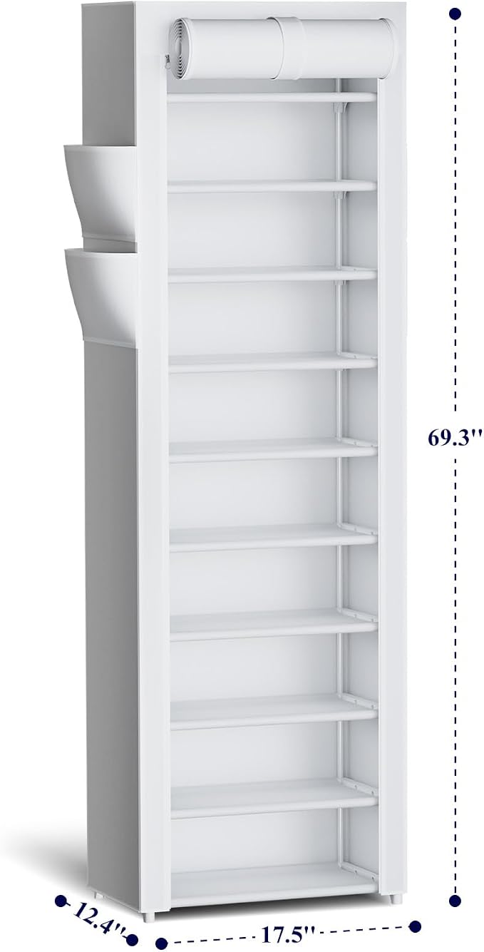 Kitsure Shoe Rack - 10-Tier Large Capacity Shoe Organizer Shelf with Dust Cover & Side Pockets, Rust-Proof Metal Shoe Rack for Closet, Entrance, Living Room, 17.5" x 12.4" x 69.3", White - Image 2