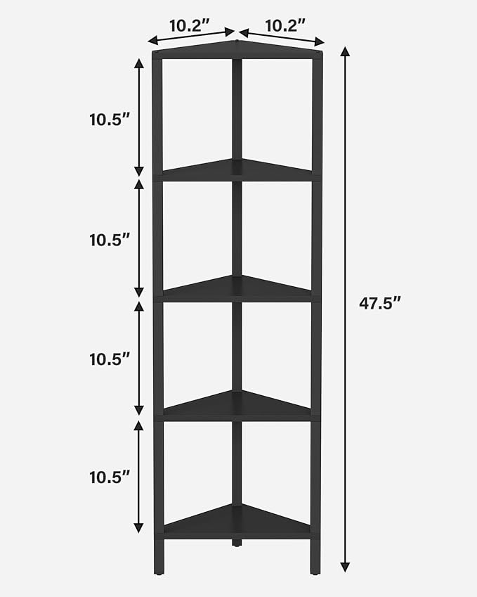 TUTOTAK Corner Shelf, 5-Tier Corner Bookshelf for Small Space, Narrow Display Corner Shelf Stand with Storage Rack, for Living Room, Bedroom, Black BS05BK005 - Image 2