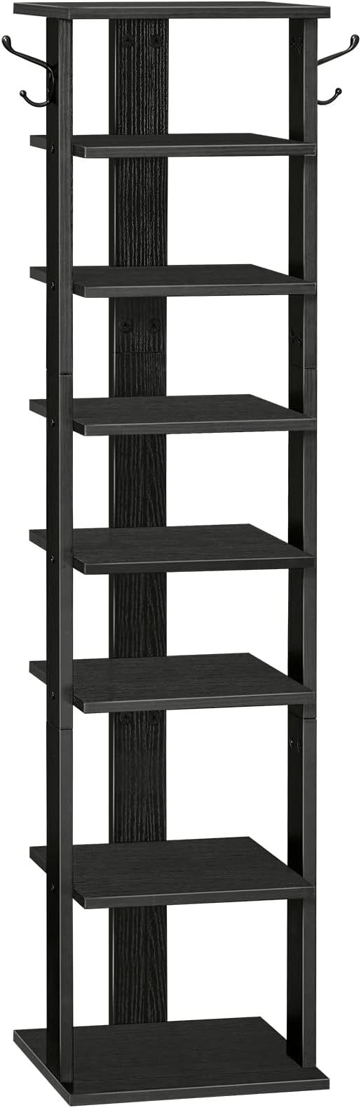 HOOBRO 8 Tiers Vertical Shoe Rack, Wooden Shoe Storage Organizer with Hooks, Narrow Shoe Tower for 8 Pairs, Space Saving, for Entryway, Living Room, Bedroom, Black BK07XJ01 by HOOBRO