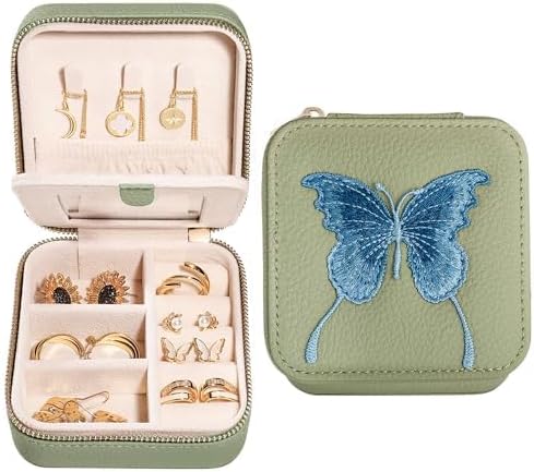 S.Leaf Travel Jewelry Organizer Boxes for Women Small Portable Necklace Earrings Bracelet Rings Travel Case Best Friend Birthday Gifts for Women Trendy (Butterfly_Fadegreen_Gray) by SLeaf