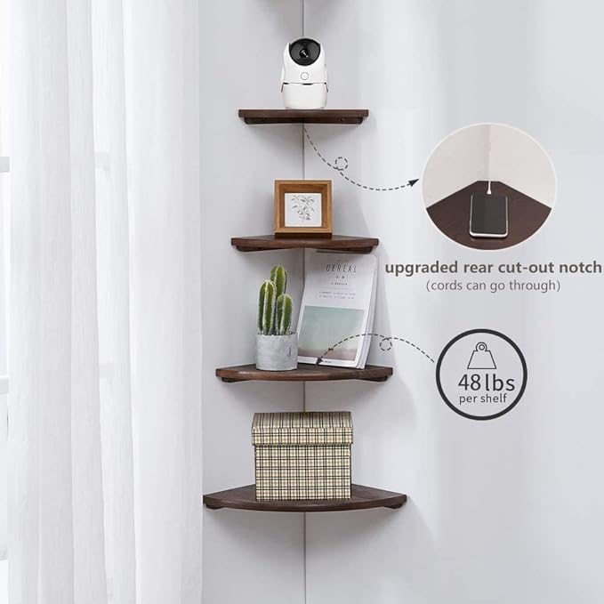 Corner Shelves, Floating Corner Shelf, Set of 2 12inch Solid Oak Wood Corner Wall Shelves, Round End with Wire Hole for Small Plant for Bedroom Kitchen, Living Room - Image 4