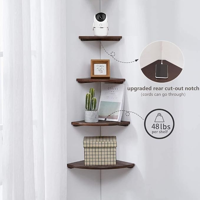 Corner Shelves, Floating Corner Shelf, Set of 2 7inch Solid Oak Wood Corner Wall Shelves, Round End with Wire Hole for Small Plant for Bedroom Kitchen, Living Room - Image 4