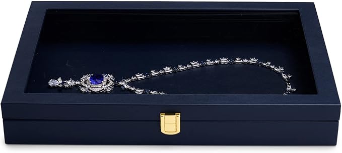 Oirlv Premium Blue Leather Flat Jewelry Tray with Acrylic Lid Jewelry Organizer Case Showcase Big Necklace Display Organizer Box with Locks for Security - Image 4