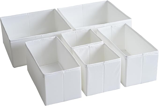 TYEERS Drawer Organizers, Durable Fabric, Washable, with Base Support Boards, Small Storage Boxes for Bathroom, Closet, Dresser, Set of 6, White by StorageOrganization