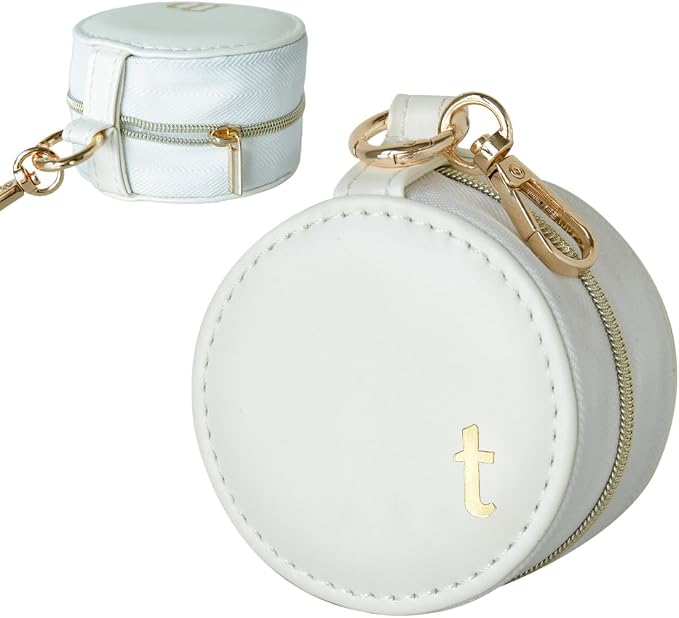 COLLECTIVE HOME - Monogrammed Letter Jewelry Case, Portable Travel Ring Holder Box with Keychain, Personalized Initial Organizer for Earrings Necklaces, Gift for Her (White-t) by COLLECTIVEHOME
