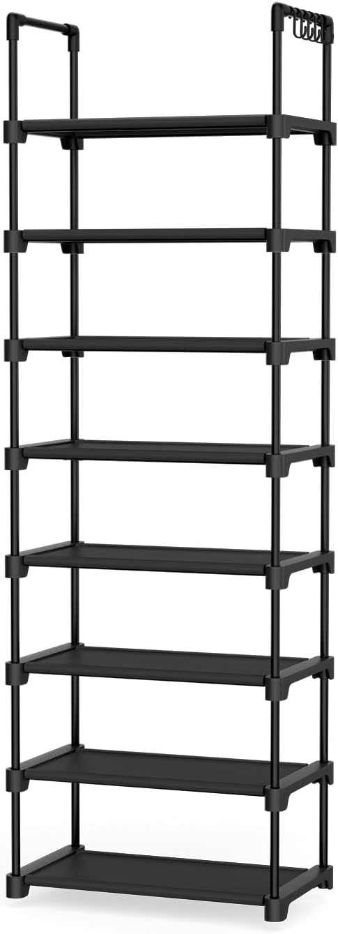 LANTEFUL Tall Shoe Rack 8 Tiers, 16-20 Pairs Shoe and Boots Organizer Storage Sturdy Shoe Shelf, Narrow Vertical Shoe Rack for Entryway, Closet, Metal Shoe Organizer with 5 Hooks - Image 8