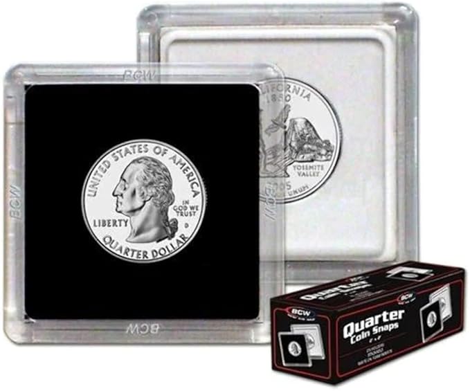 BCW 2x2 Snap Holder - 25 ct Quarter Case | Archival Safe Protector | Crystal Clear Polystyrene Display Box | Ideal for US Washington Quarters | Collectors Holder