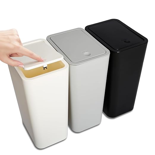 N. NETDOT 3 Pack 10L / 2.6 Gallon Small Trash Can with Lid,Bathroom Garbage Can with Pop-Up Lid,Waste Basket for Bathroom,Kitchen,Bedroom,Powder Room,Office,College (Black-Grey-Off White) by NNETDOT