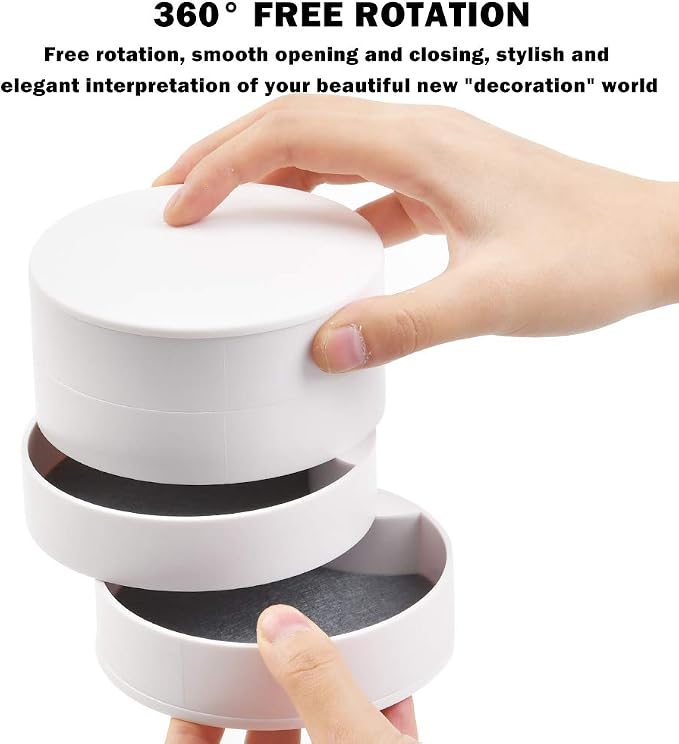 TIMESETL Jewelry Organizer, Small Jewelry Storage Box Earring Holder for Women, 4-Layer Rotating Travel Jewelry Tray Case with Lid for Bracelets Rings Bracelets - White - Image 4
