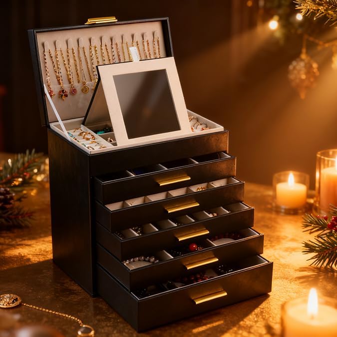 BOOVO Jewelry Boxes for Women, White and Black 6 Layer Large Jewelry Box for Necklace, Bracelet, Earrings, Rings Storage, Jewelry holder Organizer for Girls Gift (Black and Gold, 6 layer) - Image 7