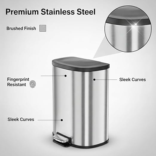 Garvee Stainless Steel Trash Can, 50 L/13 gal Hands Free Garbage Can with Soft Close Lid and Foot Pedal, Metal Kitchen Waste Bin with Inner Bucket for Living Room, Office, D Shape, Silver - Image 4