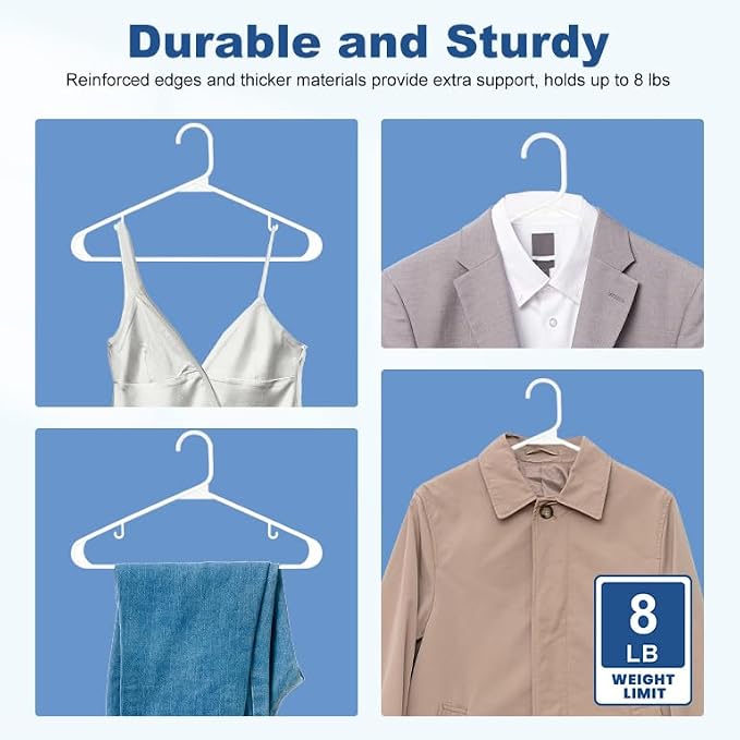 HOUSE DAY White Plastic Hangers 10 Pack, Plastic Clothes Hangers with Built-in Hooks, Durable and Strong Coat Hanger for Closet, Space Saving Clothing Hanger for Shirts, Coats, Skirt, Dress - Image 3