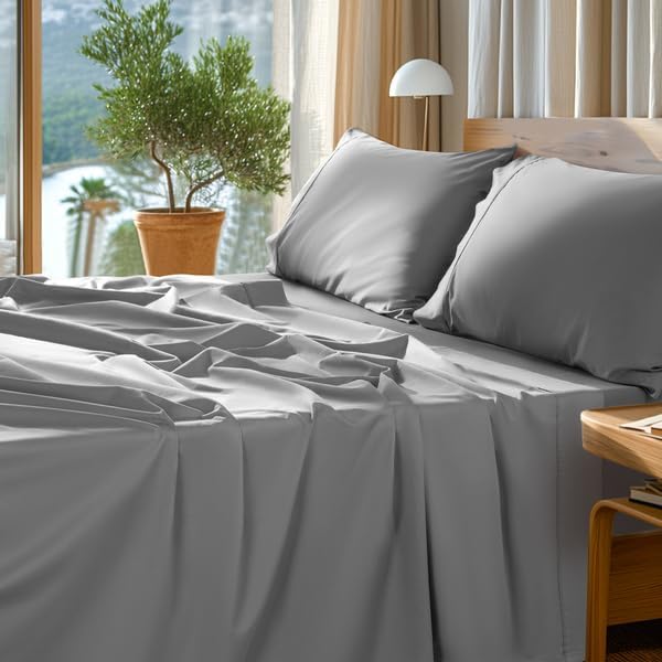 SONORO KATE 100% Egyptian Cotton Sheets Set - 1000 High Thread Count, Luxury 5-Star Hotel Sateen Bed Sheets, Soft, Breathable Long Staple Sheets, Fit up to 16" - 4 PC (Grey,California King)