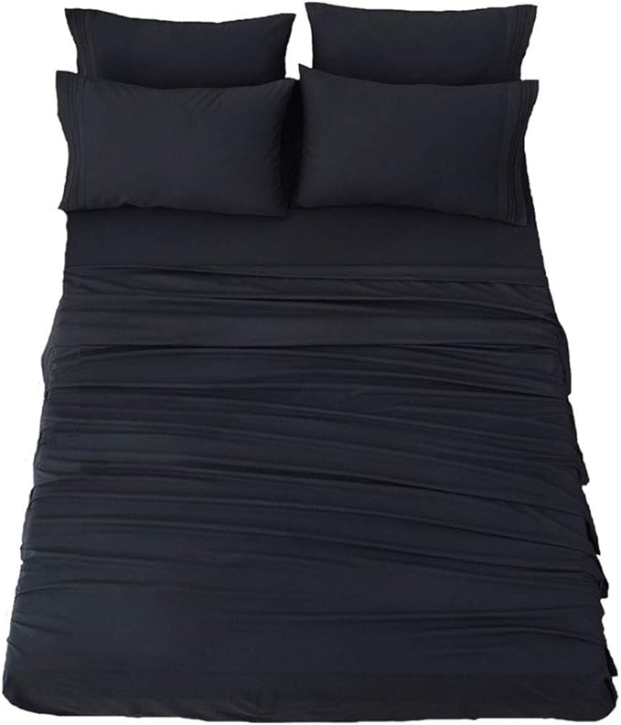 SONORO KATE Bed Sheet Set Super Soft Microfiber 1800 Thread Count Luxury Egyptian Sheets 18-Inch Deep Pocket，Wrinkle and Hypoallergenic-6 Piece (Black, California King-6 Piece)