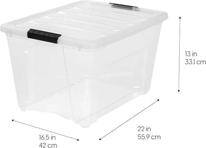 IRIS USA 54 Qt Stackable Plastic Storage Bins with Lids, 12 Pack - BPA-Free, Made in USA - See-Through Organizing Solution, Latches, Durable Nestable Containers, Secure Pull Handle - Clear - Image 2
