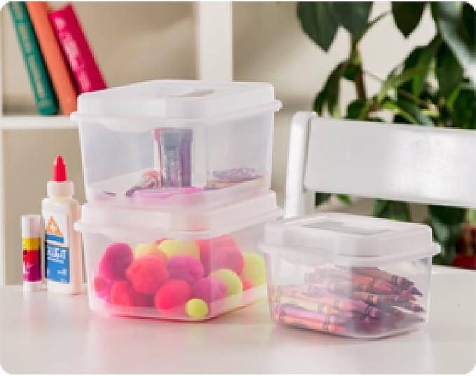 Sterilite FlipTop, Stackable Small Storage Bin with Hinging Lid, Plastic Container to Organize Desk at Home, Classroom, Office, Clear, 1-Pack - Image 3