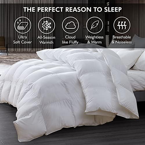 Luxurious Queen Size Goose Down Fiber Waterfowl Feather Fiber Comforter (90"x90"), Fluffy, Ultra Soft, Breathable Comforter Duvet Insert, All Season 48 oz. Fill Weight, Baffle Box Design (White Solid)