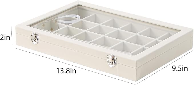 Coward Jewelry Organizer Box, Beige Velvet 24 Grids Ring Earring Jewelry Display Tray Case with Transparent Glass Lid for Home Drawer or Shop Selling - Image 6